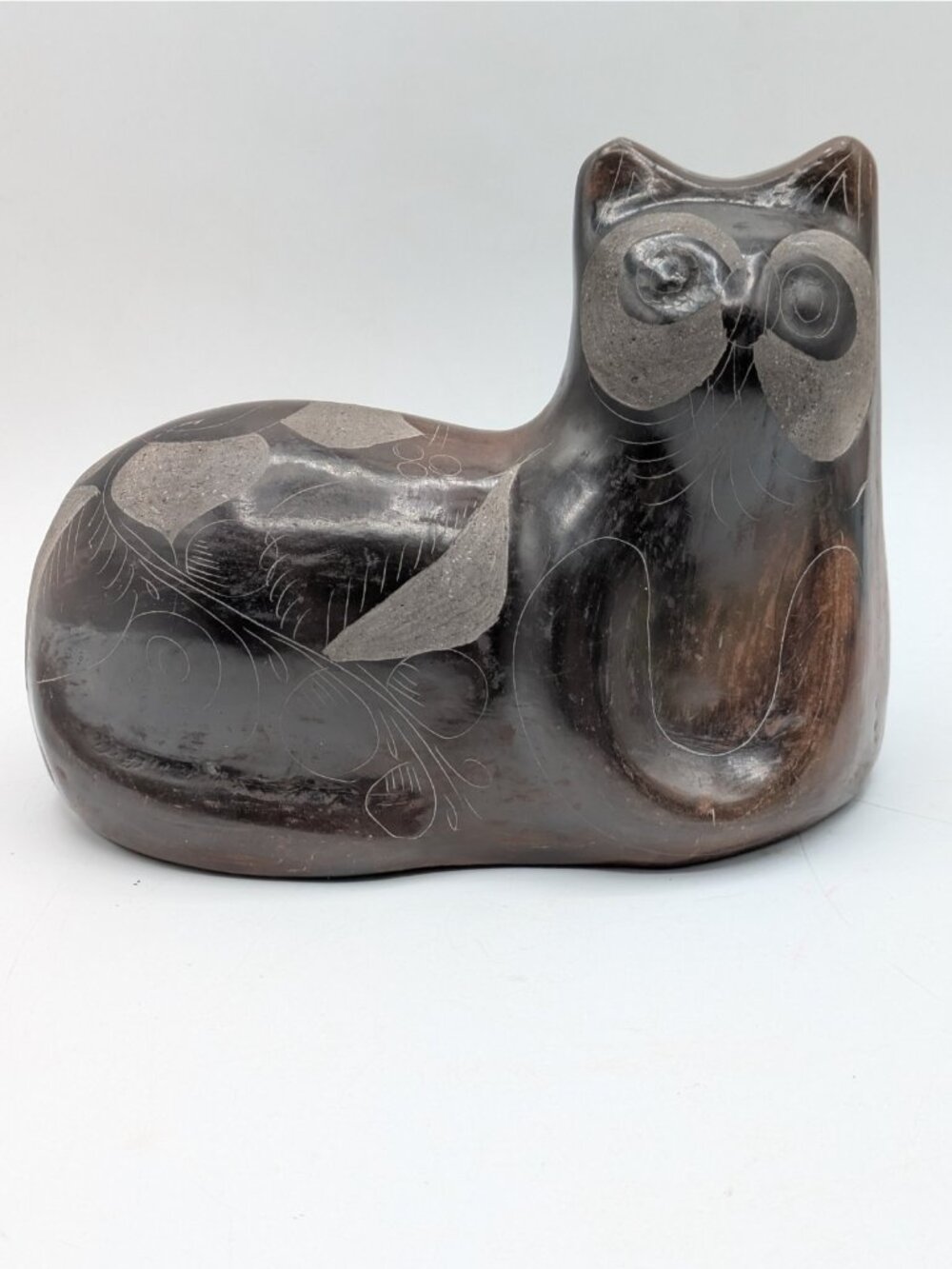 Vintage Tonala Black Cat Art Pottery Figurine Signed Mexico V Silva 6"